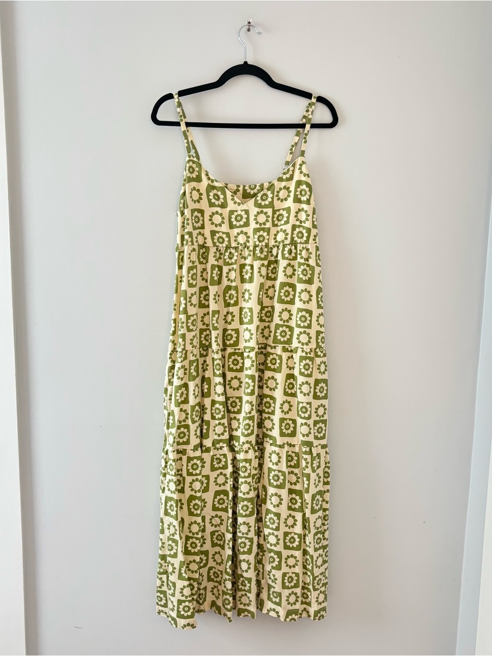 Lucy & Yak Mabel Maxi Dress Printed Longline Scoop Neck Green White